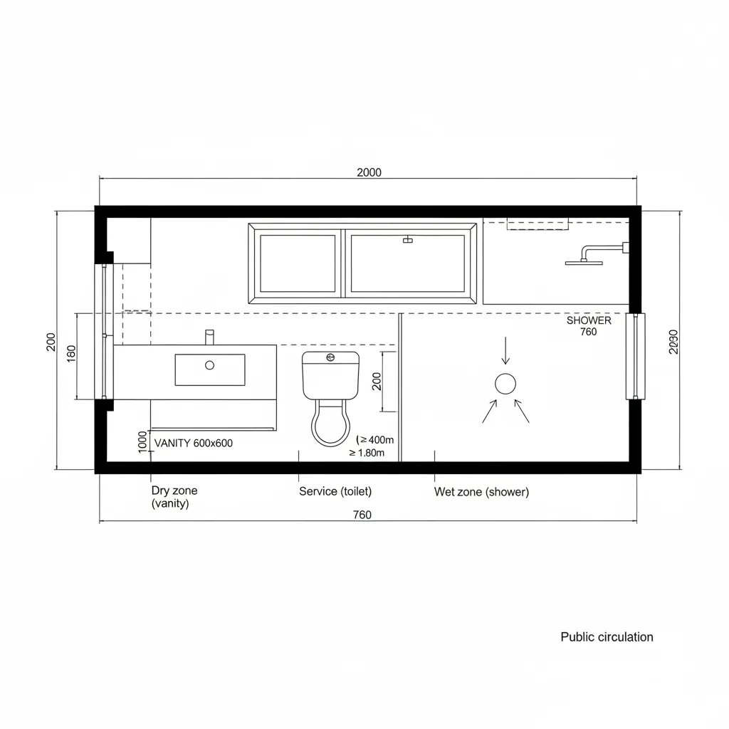 Top-down CAD plan of 4x7 bath with linear wet wall and sliding door