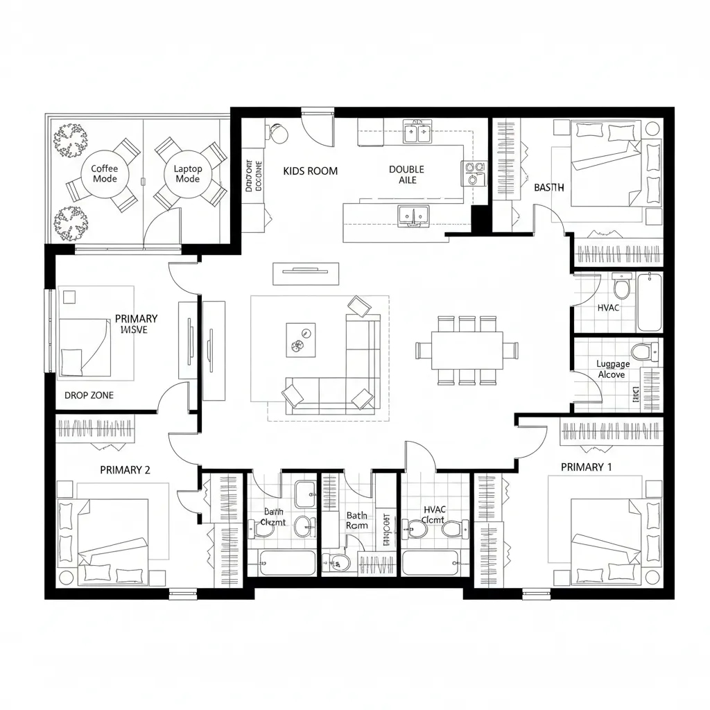 Top-down CAD plan of split-core suite with dual primary bedrooms and central hub