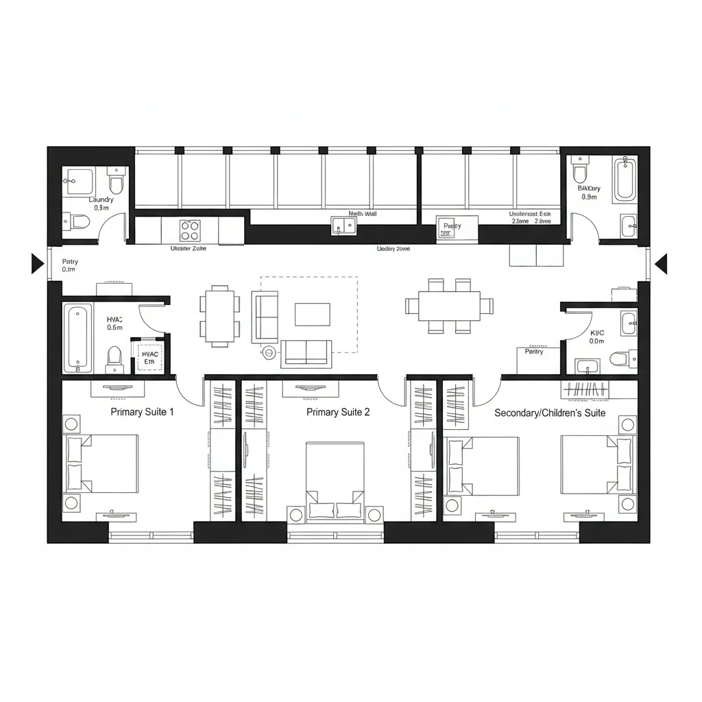 Top-down CAD plan of en-suite cluster arranged around a shared studio spine