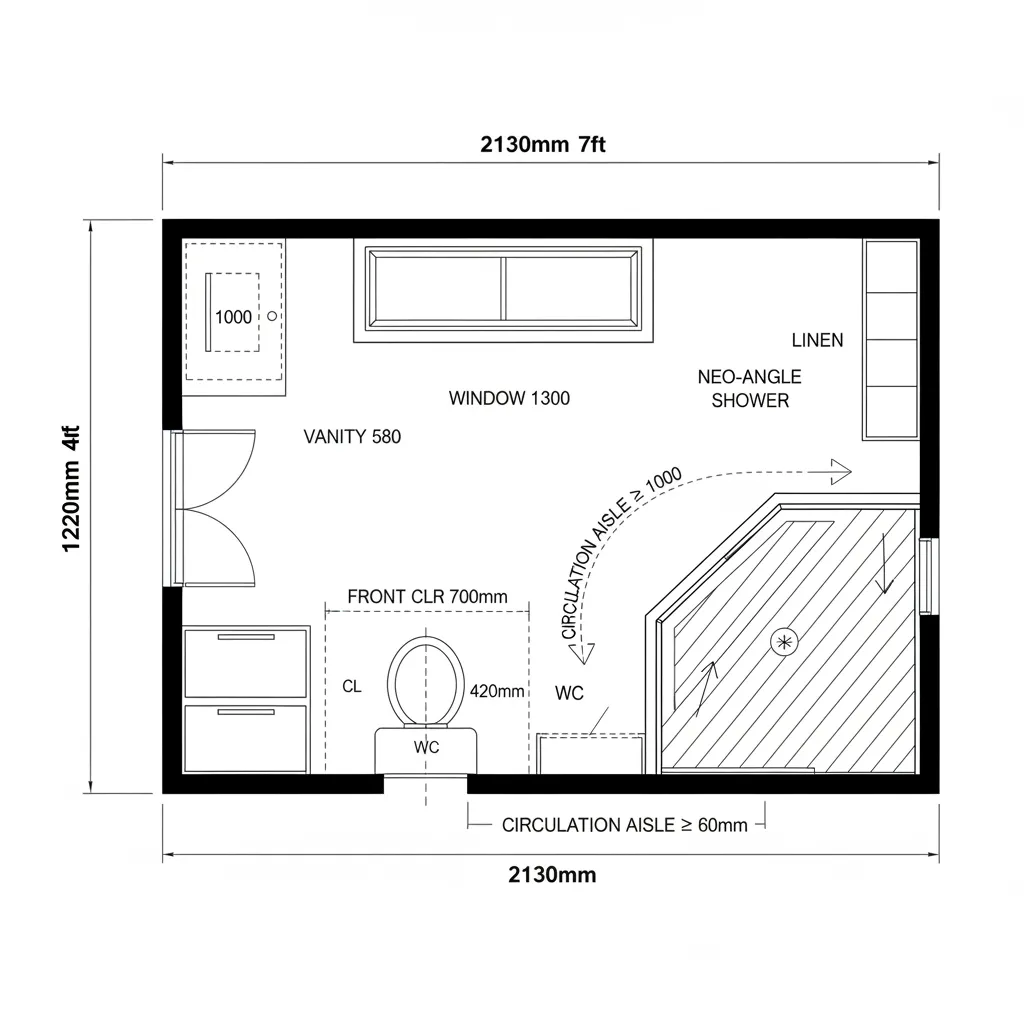 Top-down CAD plan of 4x7 bath with pocket door and corner neo-angle shower