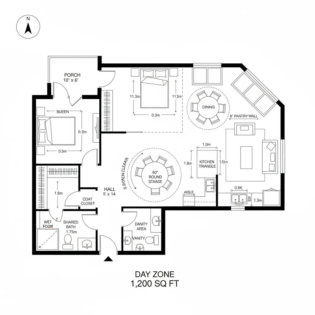 Option B: L-Shape Day/Night Split (Approx. 1,200 sq ft; annotated spans)