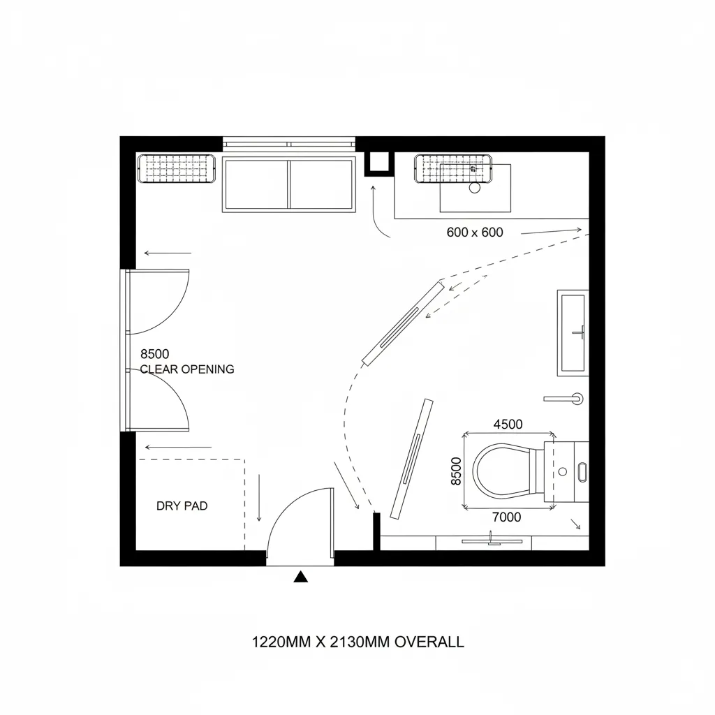 Top-down CAD plan of 4x7 wet room with curtain zones and wall-hung fixtures
