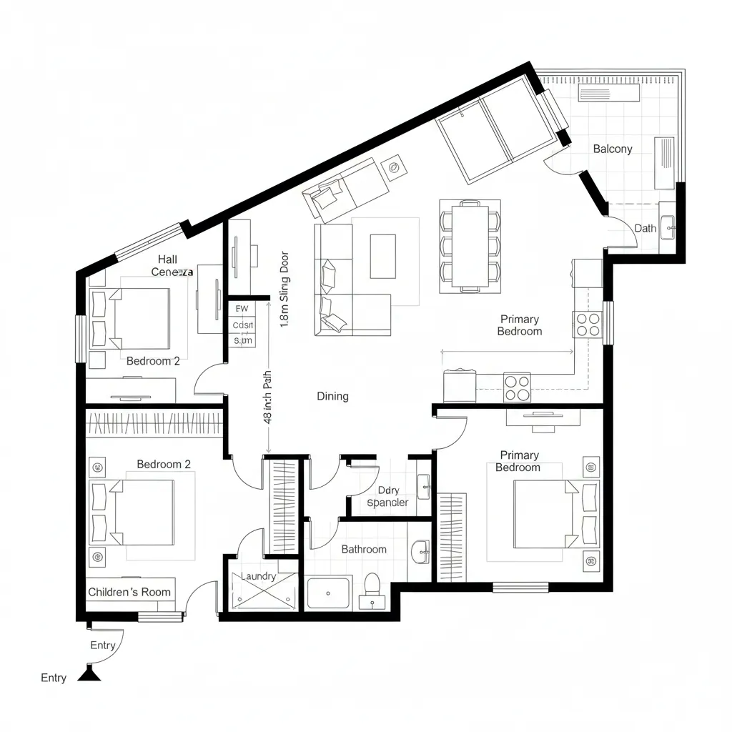 Top-down CAD plan using a diagonal gallery axis with balanced bedrooms