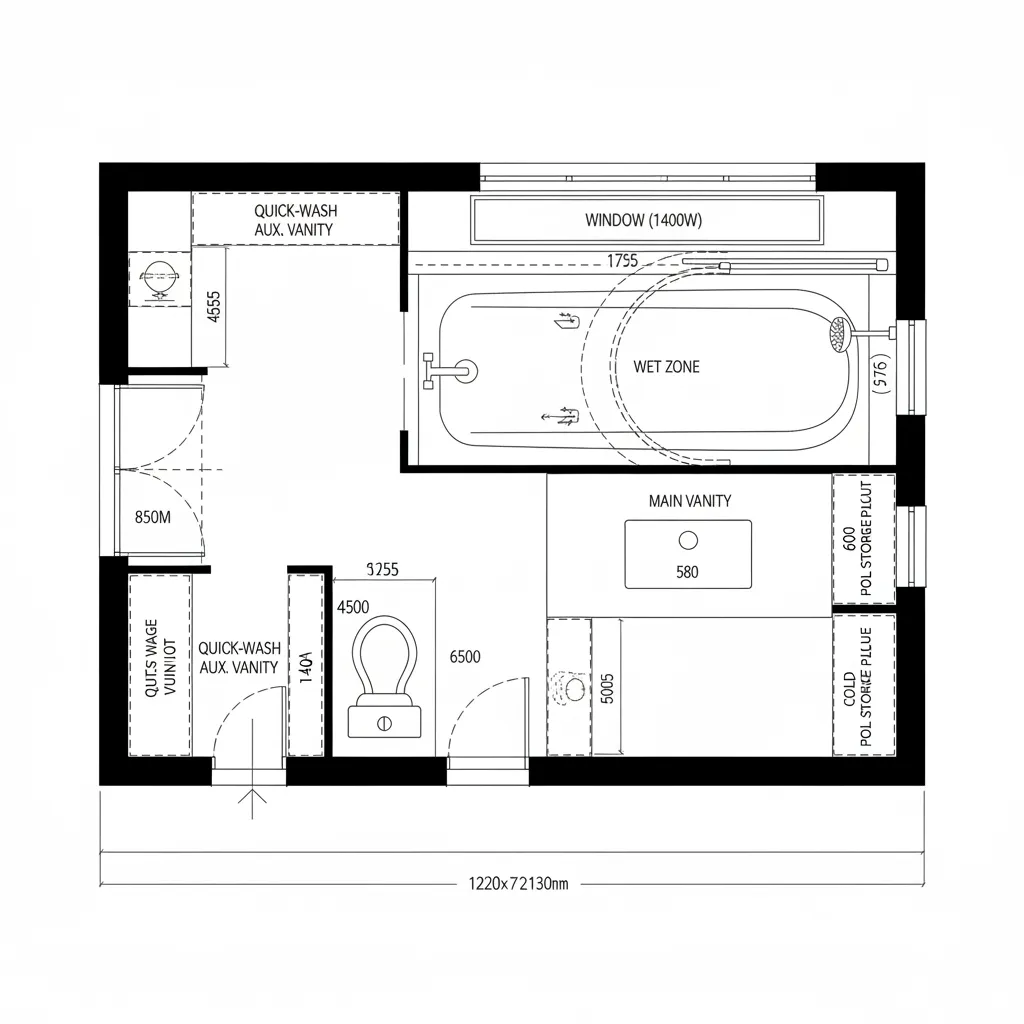 Top-down CAD plan of 4x7 bath with split vanities and tub-shower hybrid