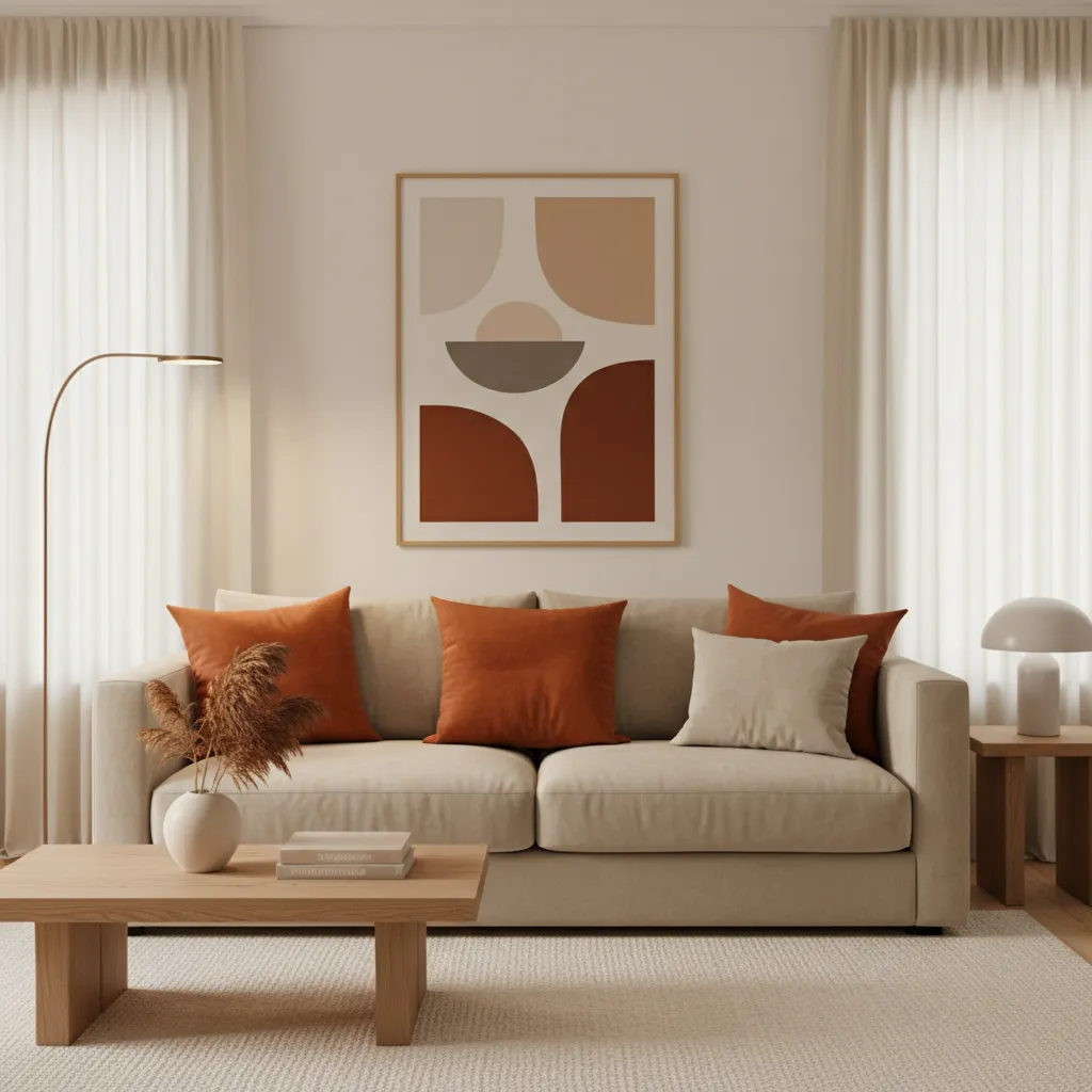 Decoración de salón neutro con cojines y arte en tonos naranja
