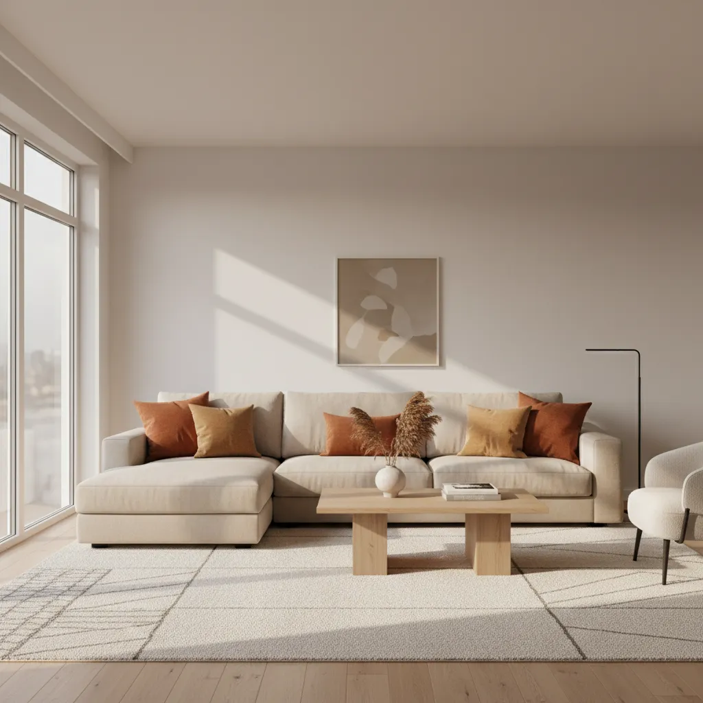 Living room with orange accent pillows and neutral sofa