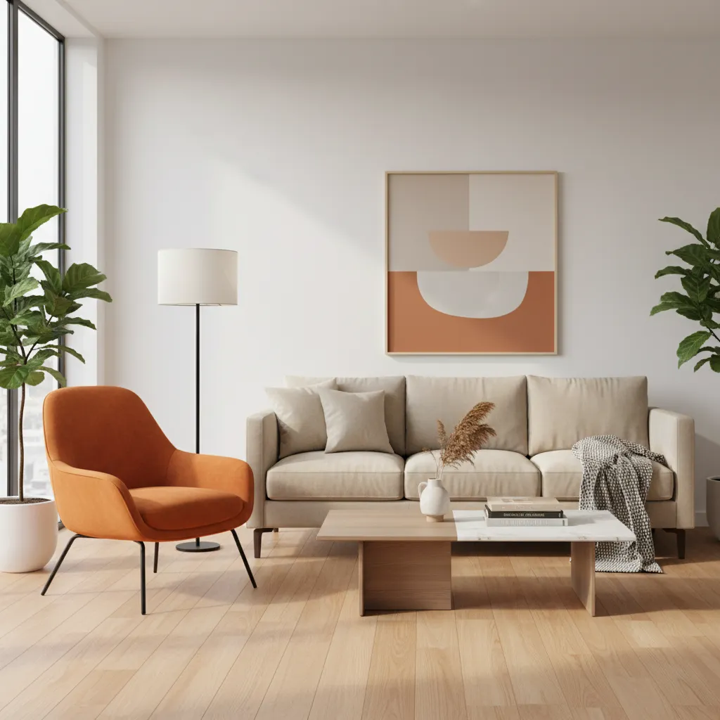 Butaca naranja como acento en salón neutro