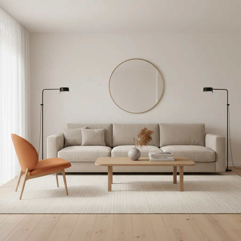 living room with orange accent chair and neutral decor