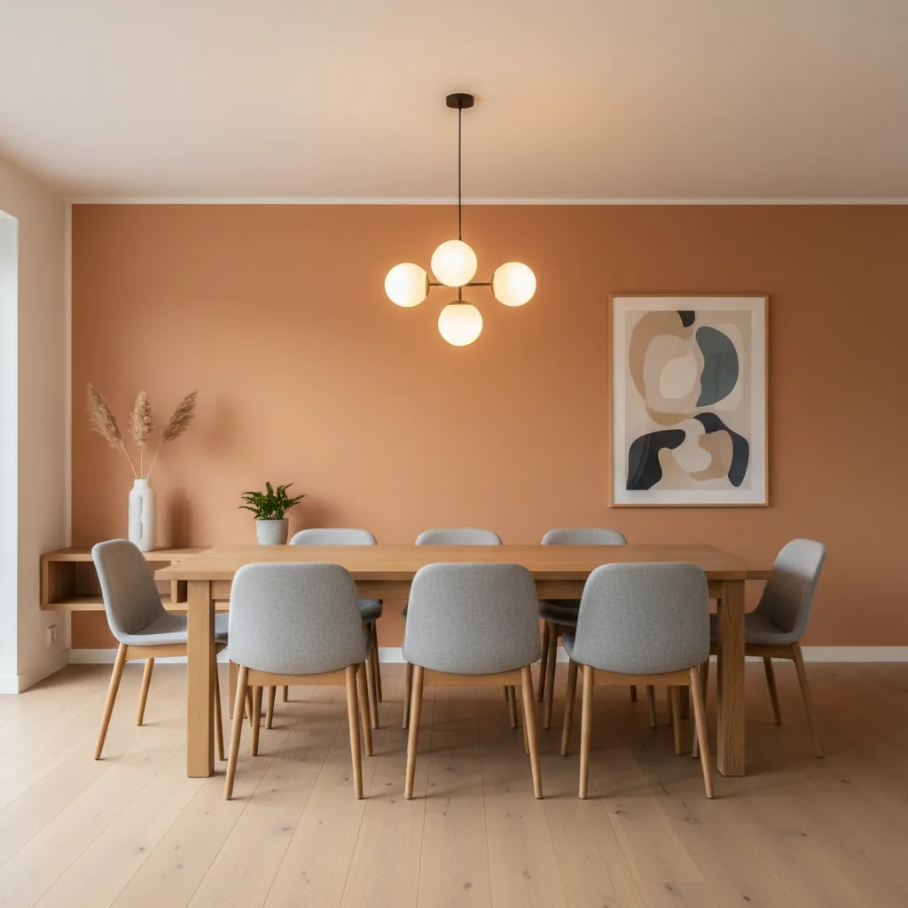 Comedor con pared naranja suave y muebles de madera