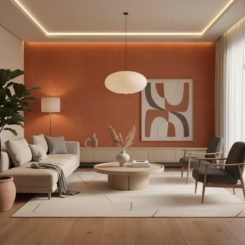 Pared de acento naranja terracota en un salón contemporáneo