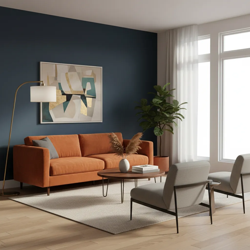 orange and navy blue living room color combination