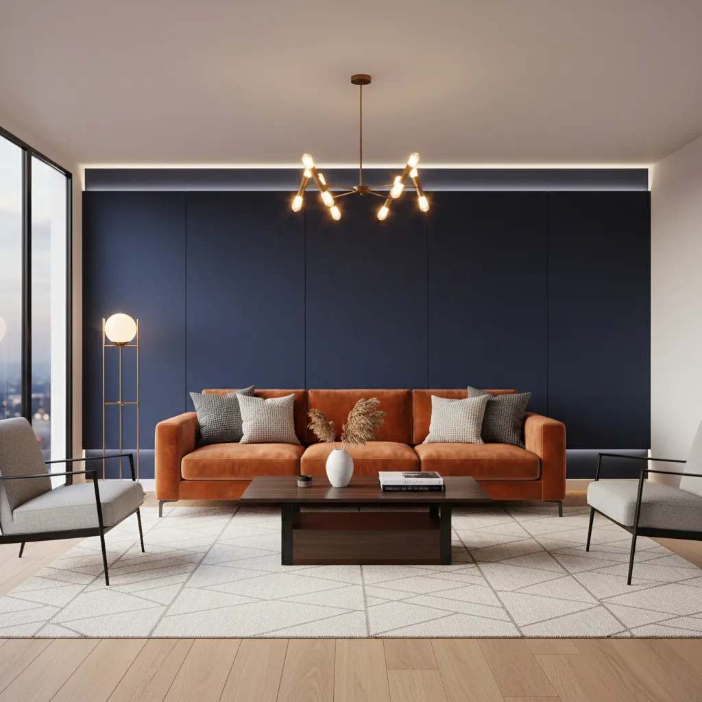Combinación de naranja con azul profundo en salón moderno