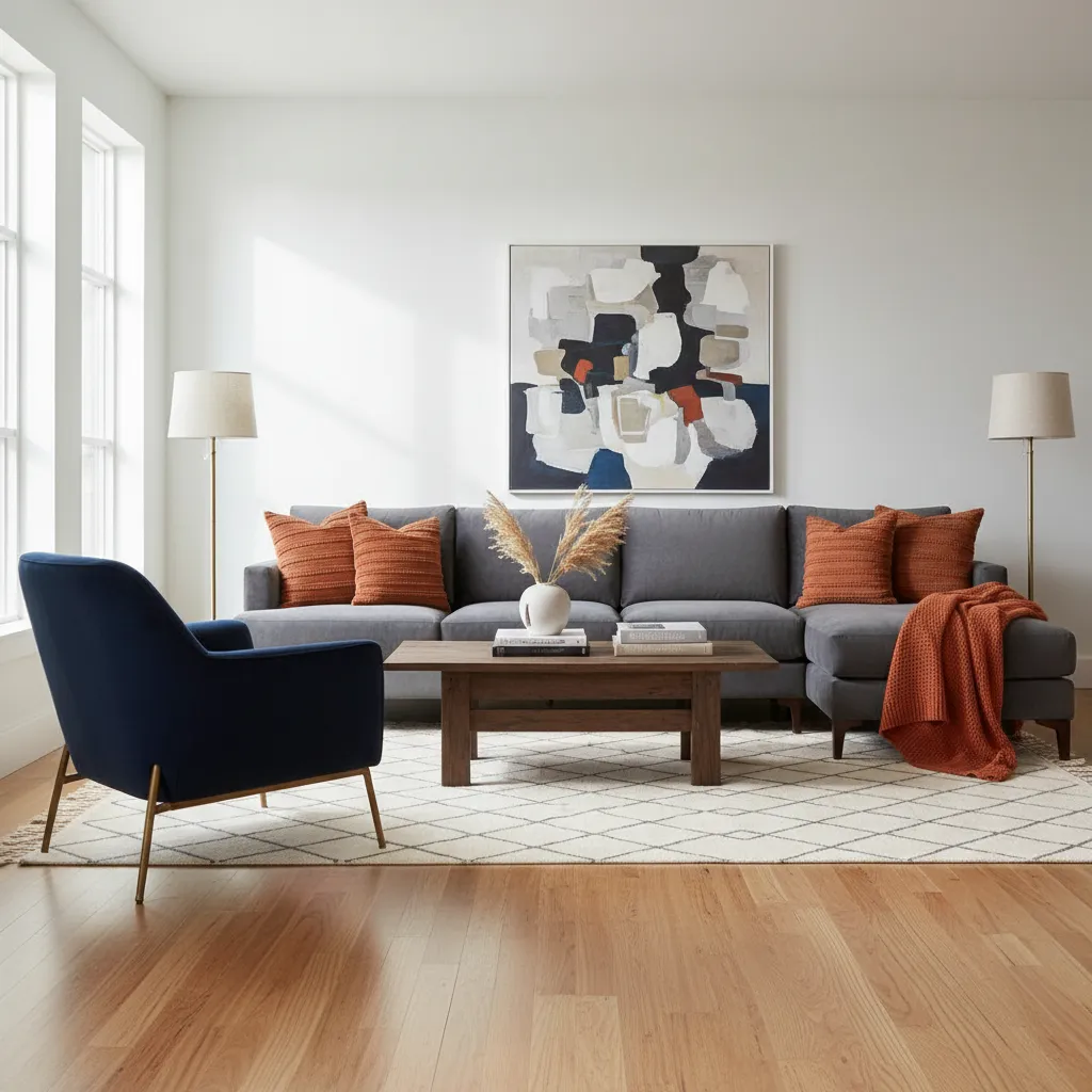 Salón con sofá gris y acentos naranja combinados con sillón azul oscuro