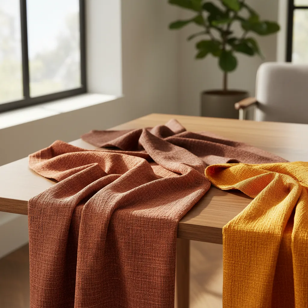 Different orange curtain fabric samples under natural window light