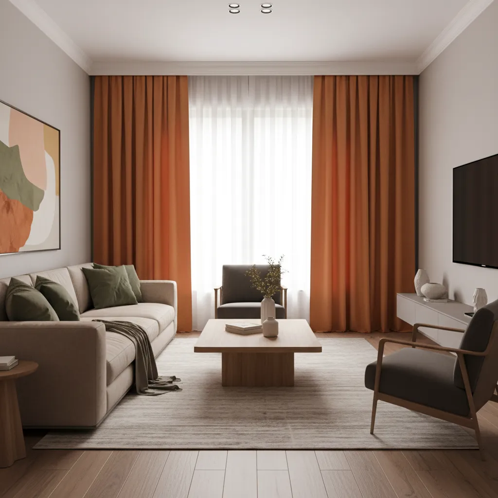 Living room palette showing orange curtains with neutral sofa and olive accents