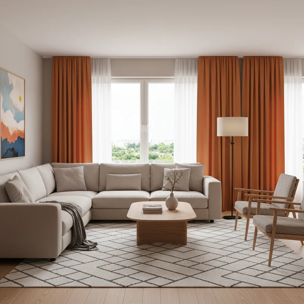 Modern living room featuring bold orange curtains with neutral sofa and wood furniture
