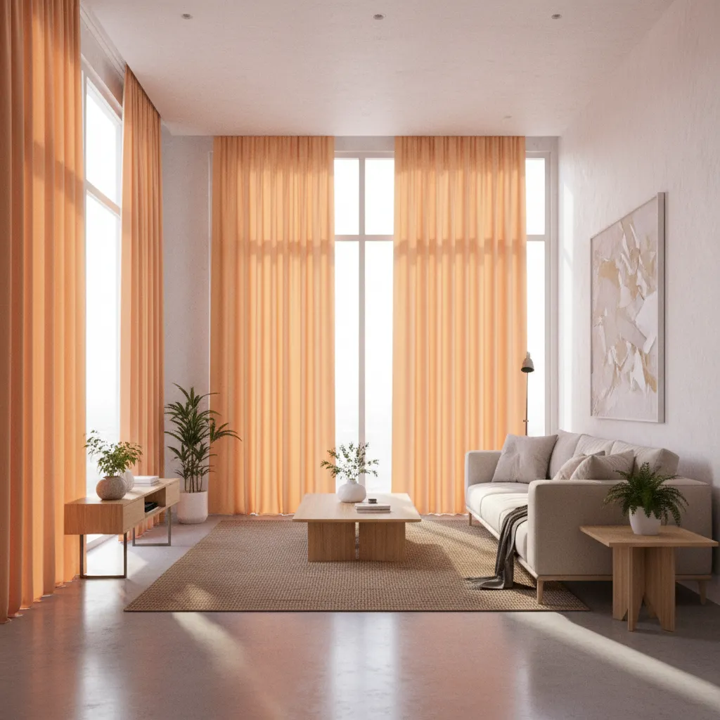Sunlight illuminating orange curtains in a bright living room