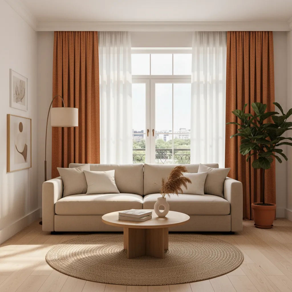 Burnt orange curtains balanced with neutral sofa and wooden furniture