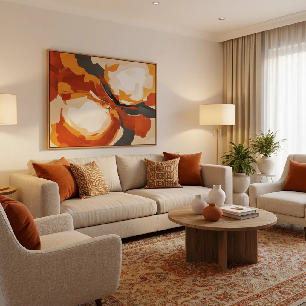 Elementos decorativos naranjas como cojines, arte y alfombra