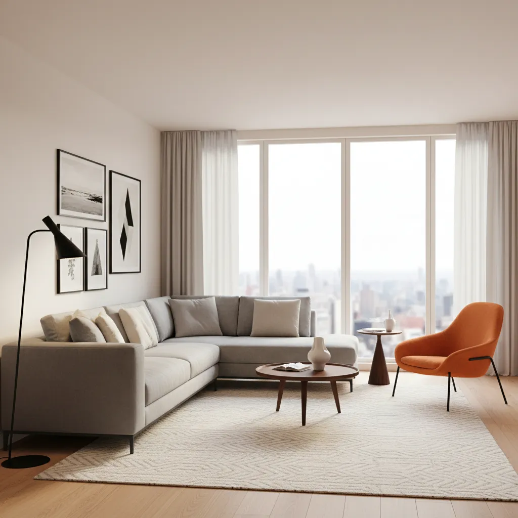 Modern living room with gray sofa and orange decor accents