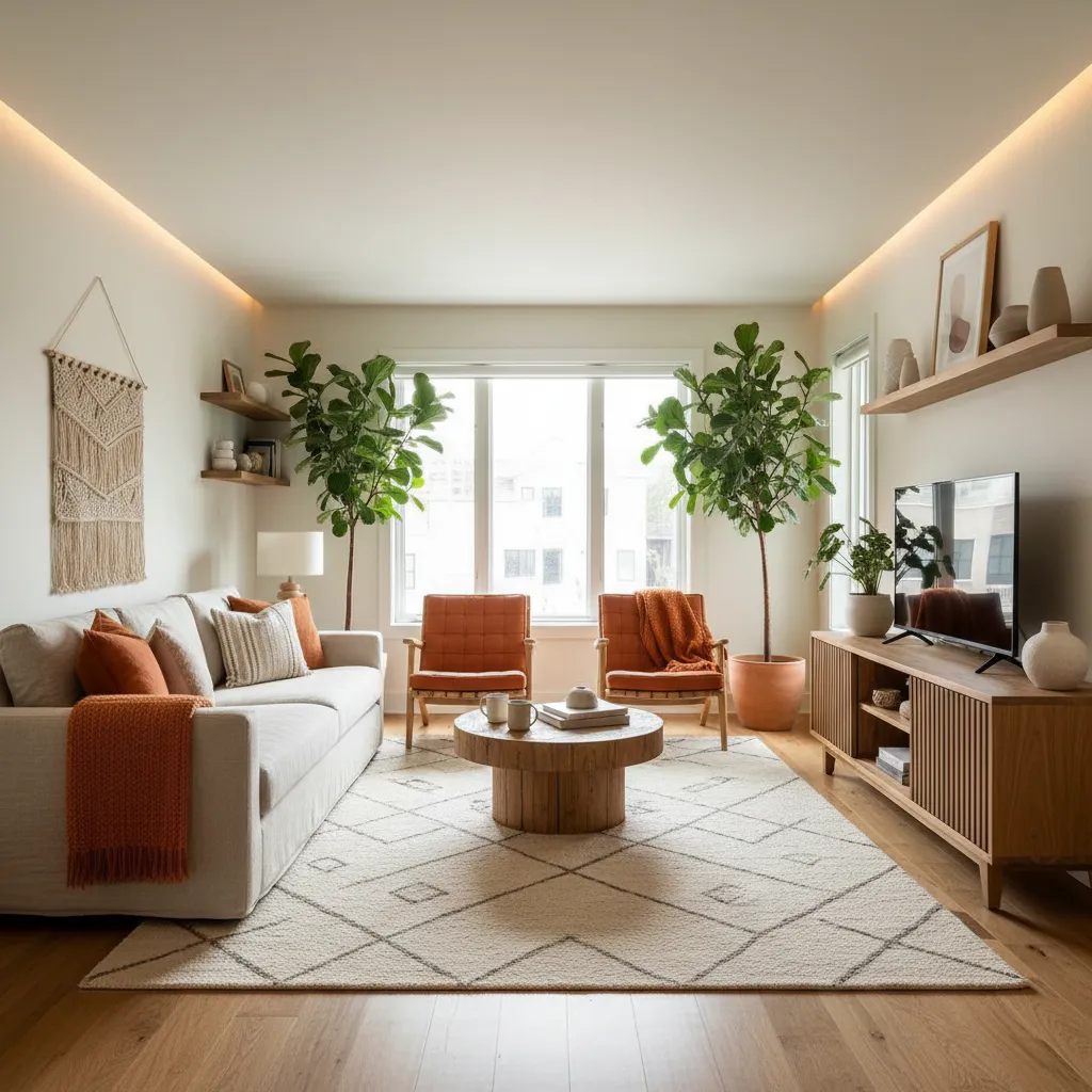 Espacio interior con acentos naranja combinados con madera y lino