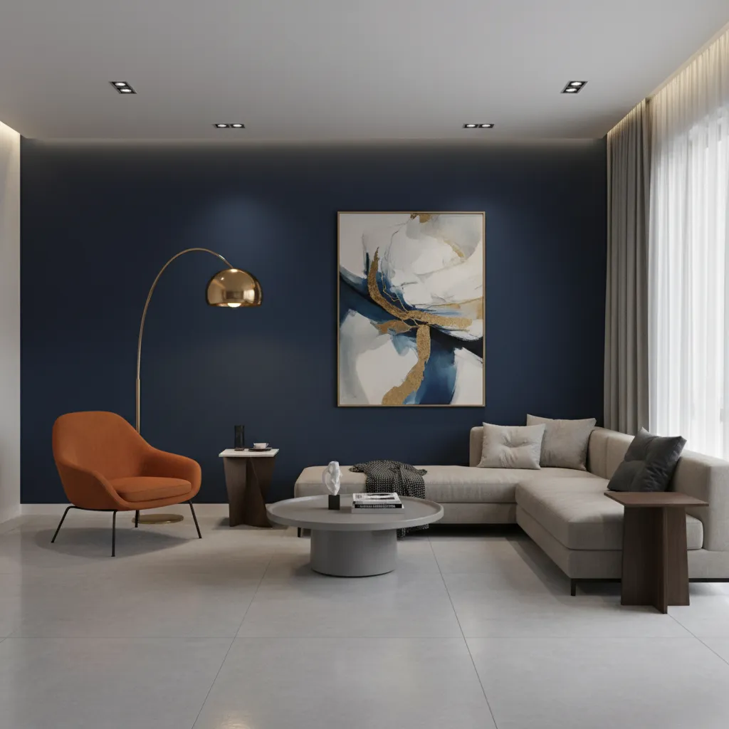 Living room with navy wall and orange armchair contrast