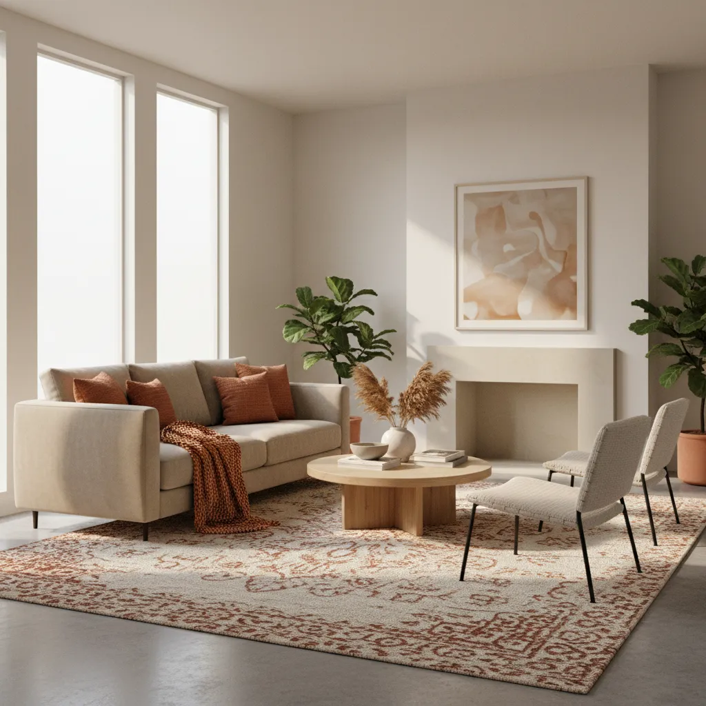 neutral living room with layered orange textiles
