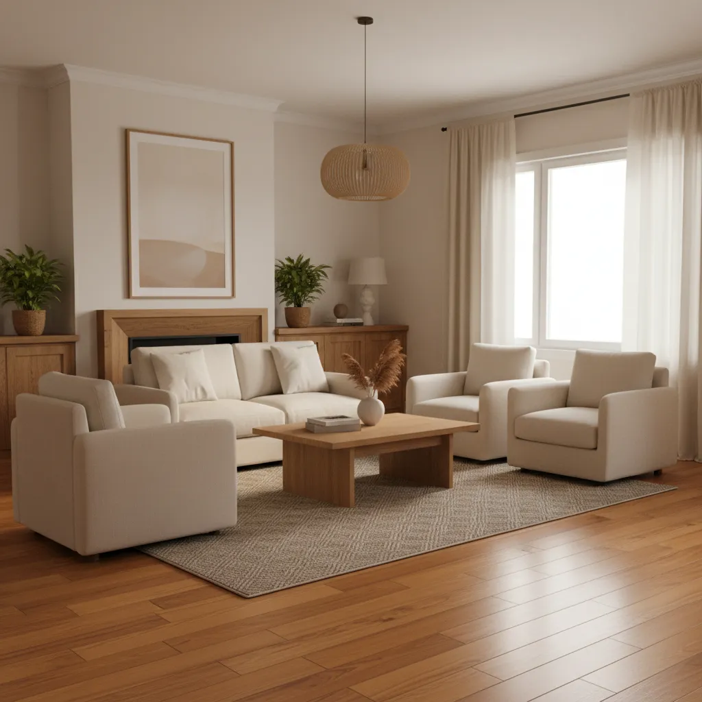 Living room interior featuring warm orange-toned hardwood flooring