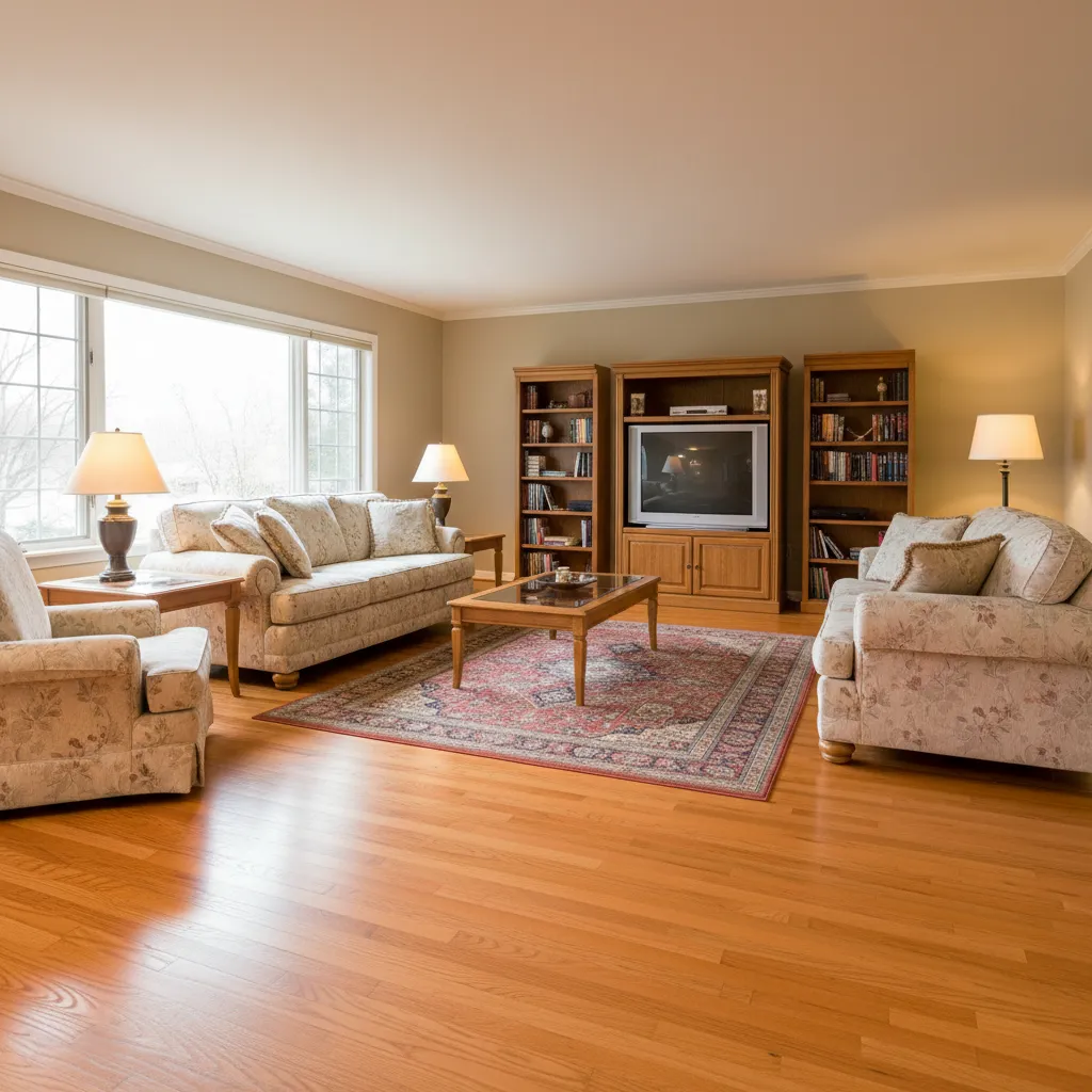 living room with strong orange hardwood flooring and warm lighting