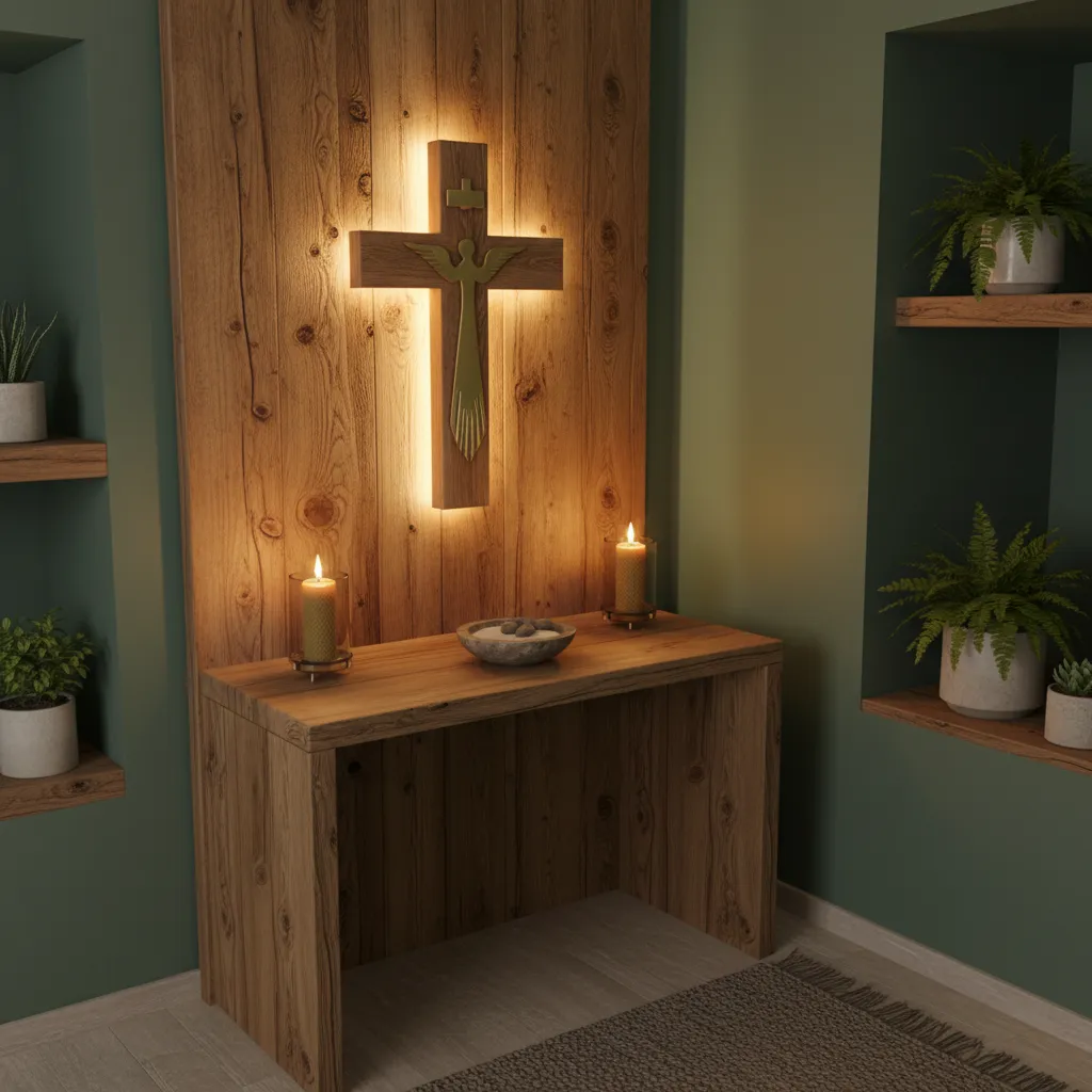 Oratorio doméstico iluminado con luz cálida indirecta sobre una imagen religiosa
