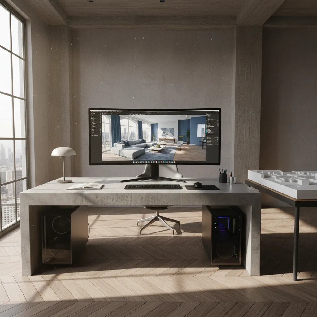 Large curved monitor on concrete desk showing living room interior design drawing with natural light