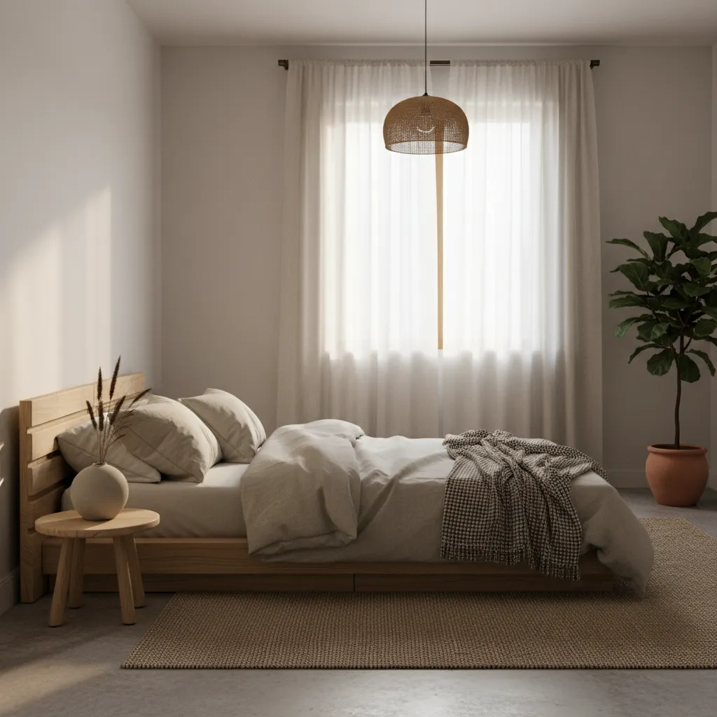 Dormitorio minimalista con madera clara y textiles de lino estilo orgánico