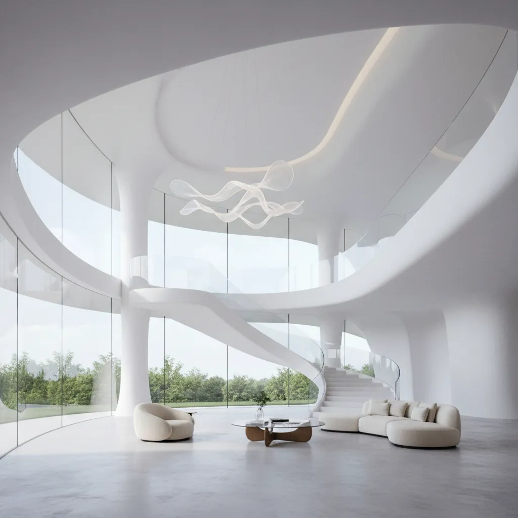 Modern home interior with curved walls and organic spatial layout