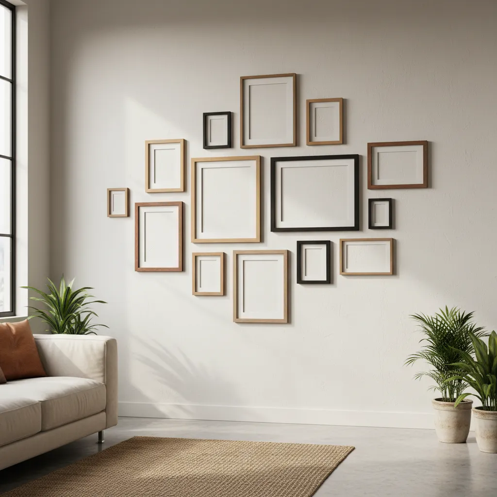 organic empty frame gallery wall with mixed frame sizes arranged loosely