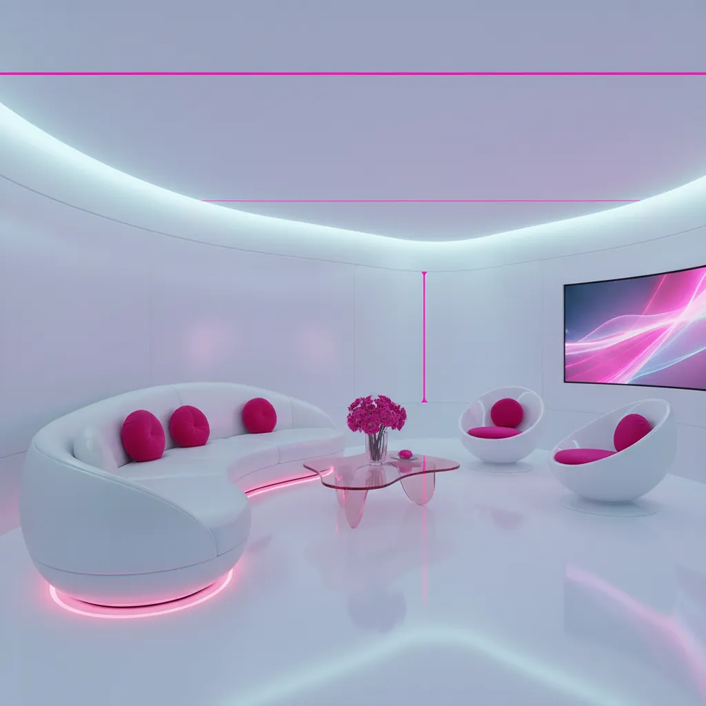 Sala de estar futurista con sofá curvo y colores vibrantes