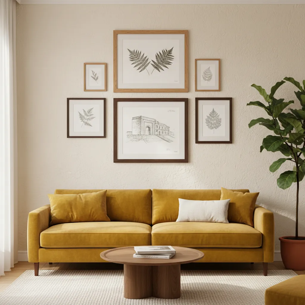 organic gallery wall with eight mixed frames arranged artistically