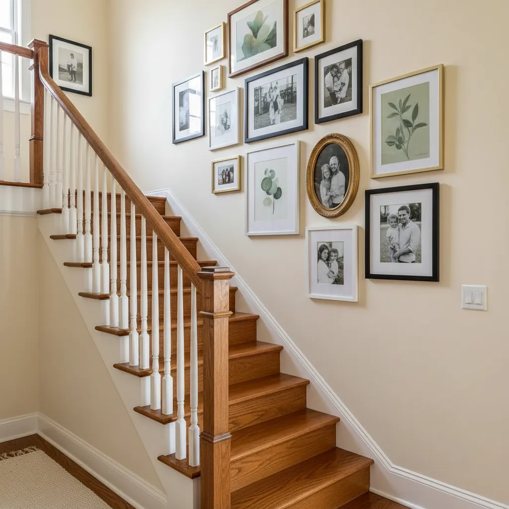 organic mixed frame gallery wall on staircase