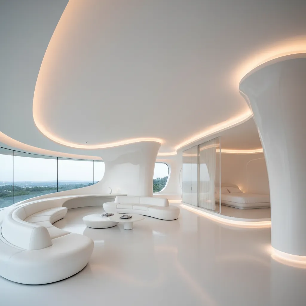 Interior con arquitectura orgánica y paredes curvas