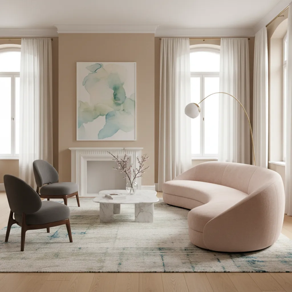 Sala de estar moderna con muebles curvos y composición asimétrica