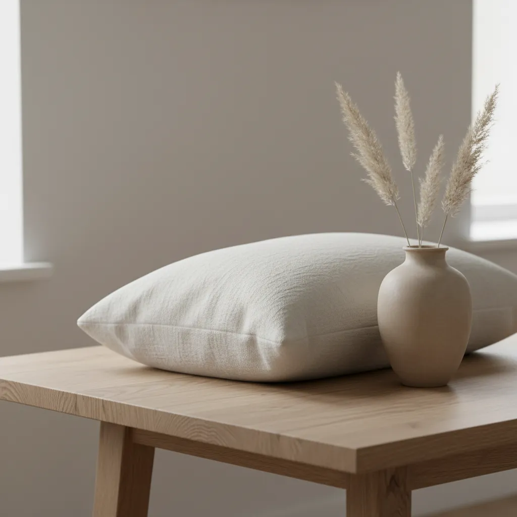 Detalle de materiales naturales como madera, lino y cerámica en un interior orgánico