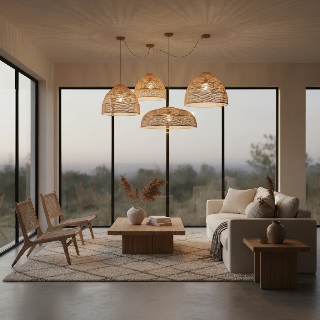 Iluminación cálida con lámparas de fibras naturales en interior orgánico