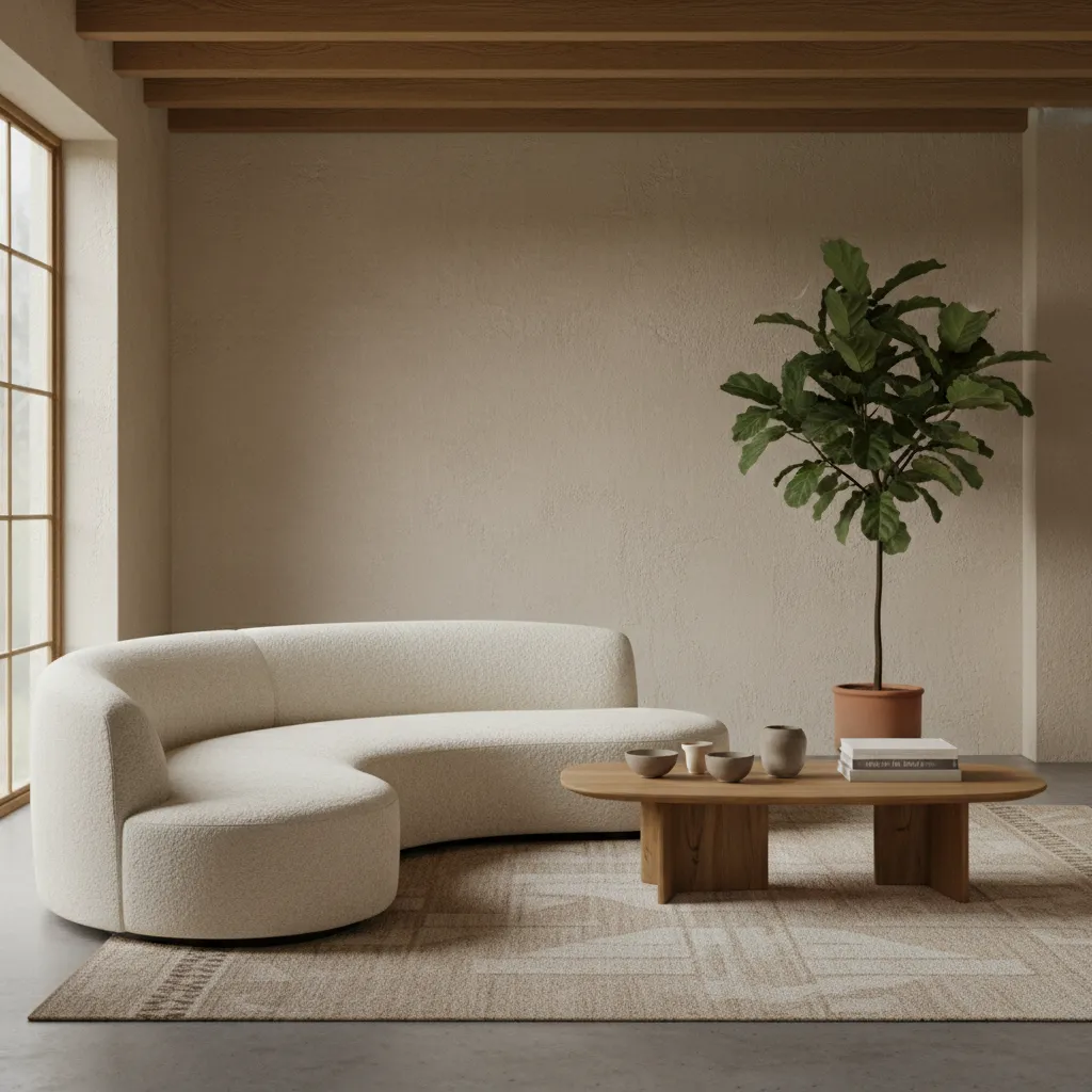 Salón con muebles curvos y tonos tierra en estilo orgánico