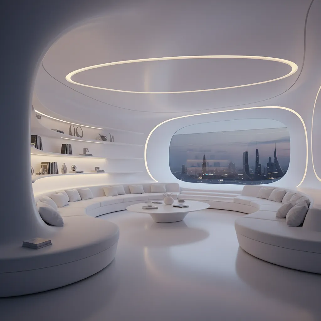 Interior contemporáneo con paredes curvas y mobiliario integrado