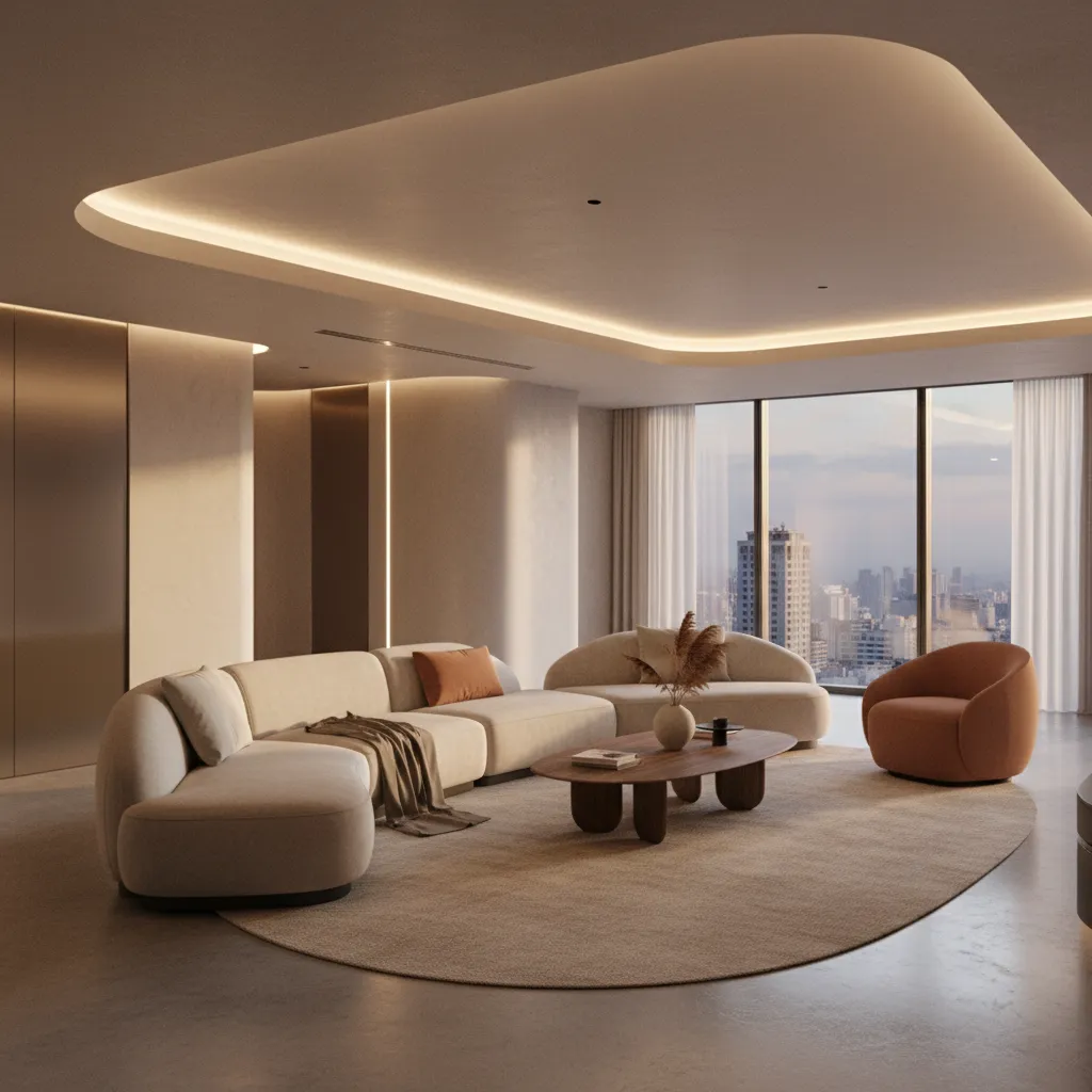 Salón moderno con mobiliario orgánico inspirado en diseño futurista