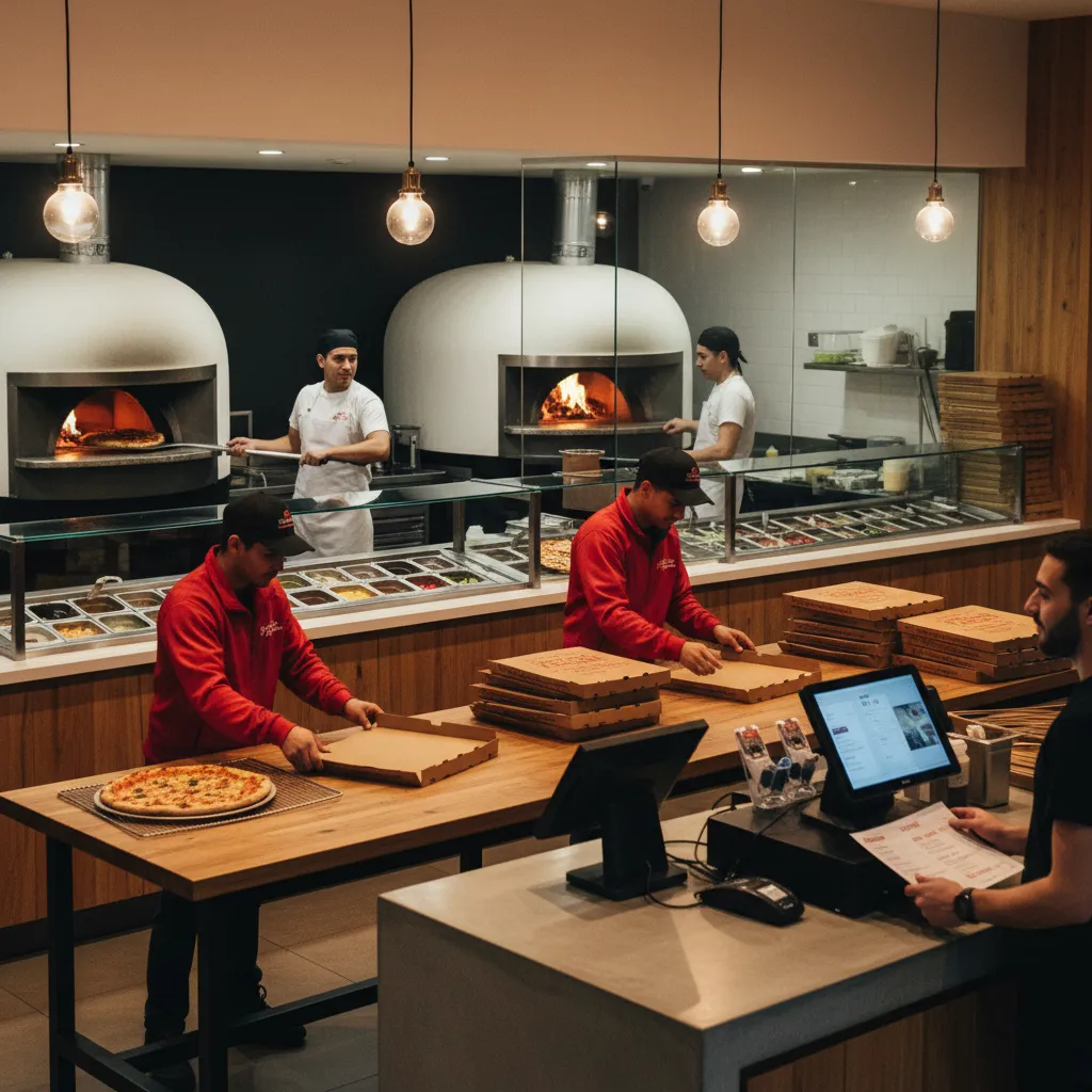 Equipo de pizzería dividido por roles en cocina, caja y entrega