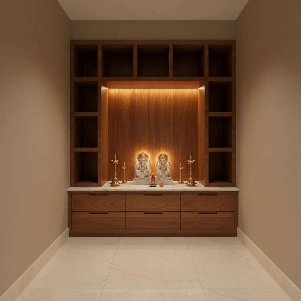 small pooja room with drawers shelves and organised ritual storage