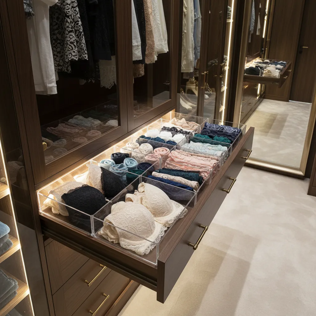 Cajón de vestidor con separadores organizando sujetadores y ropa interior