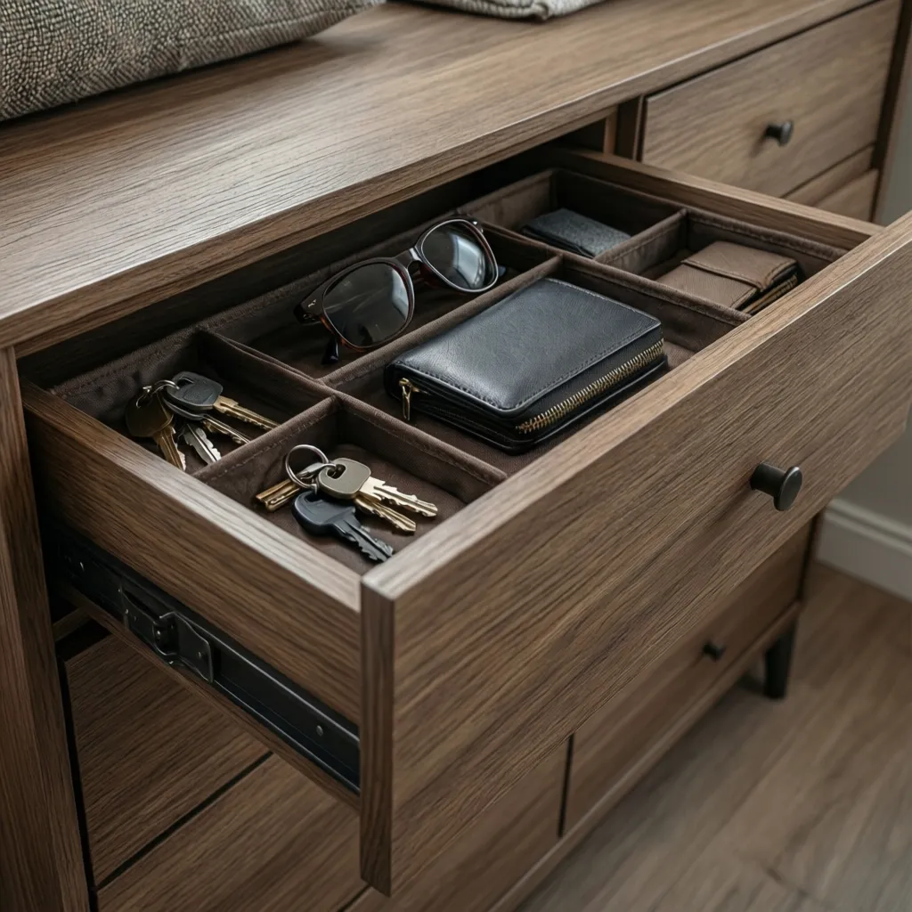 Open wooden drawer with dividers containing car keys, sunglasses, a leather wallet, and small items