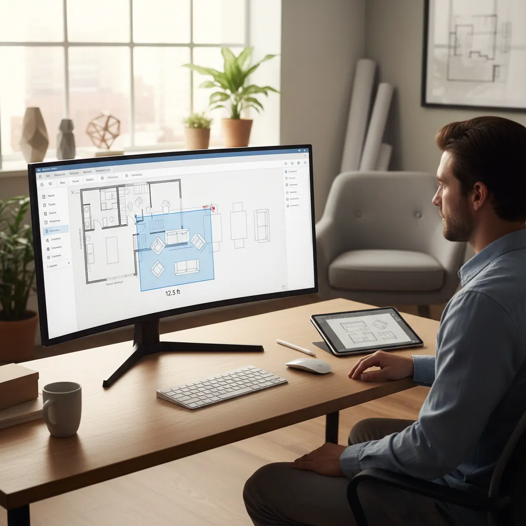 persona reorganizando muebles virtualmente en un software de diseño interior