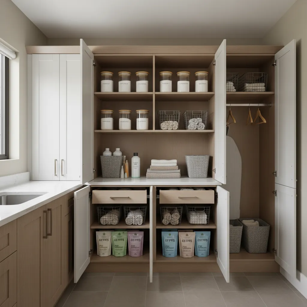 Open laundry room cabinet with shelves showing glass jars, baskets, towels, and various cleaning supplies